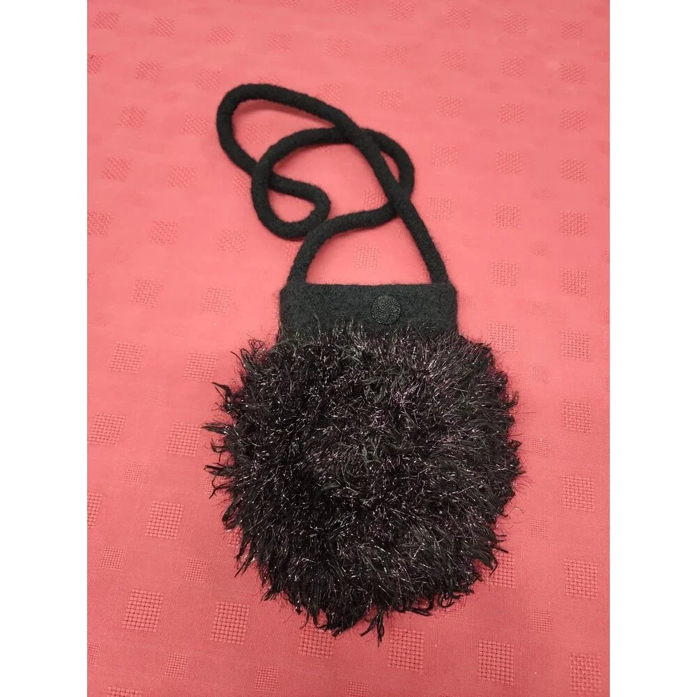 Artisan Handmade Black Felted Wool And Tinsel Yarn Evening Bag Round Drop Handle